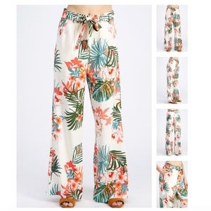 Womens Wide Leg Pants Floral Print Removable Belt